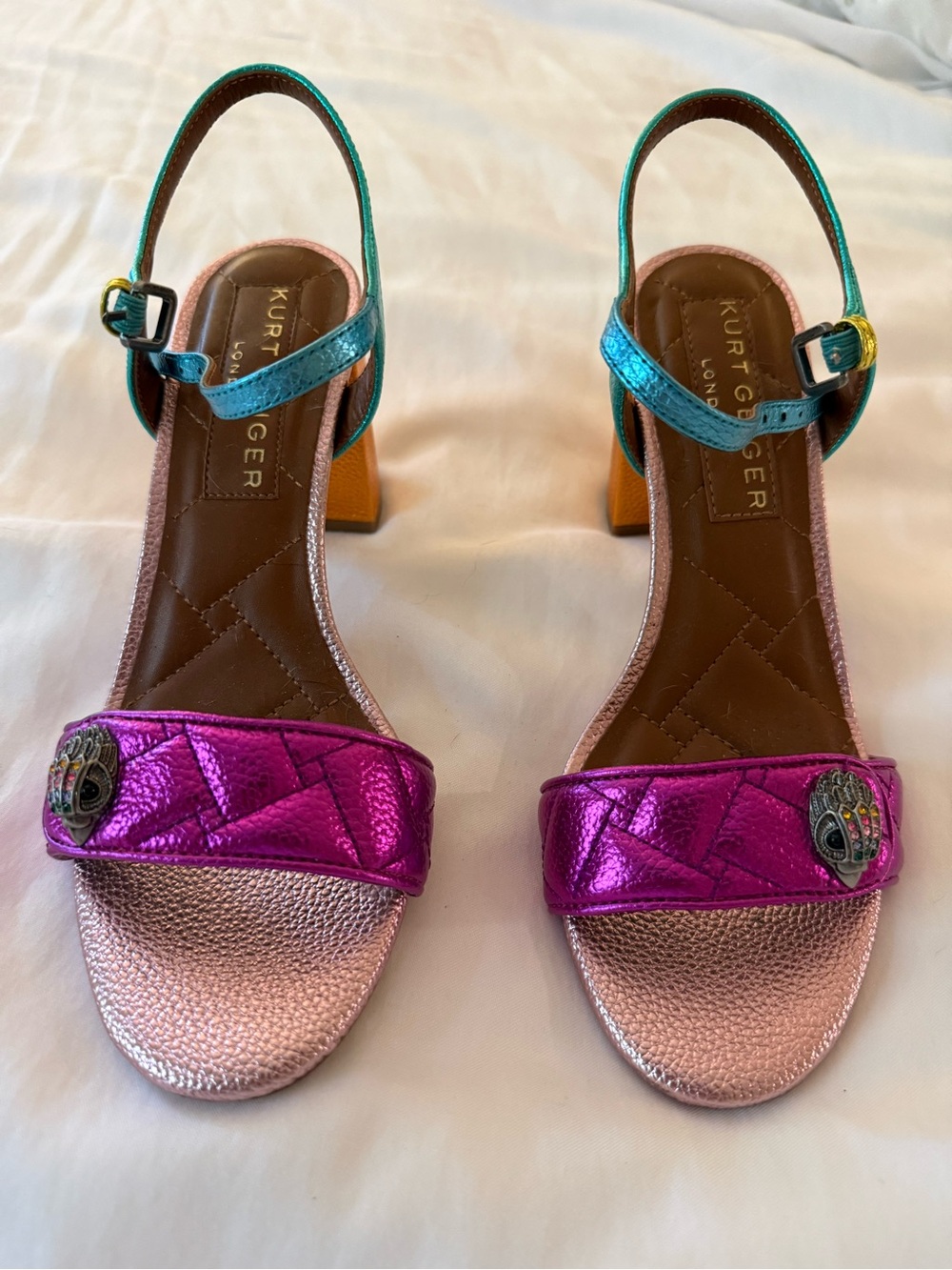 Kurt Geiger Metallic Fuchsia & Teal Block Heel Sandals